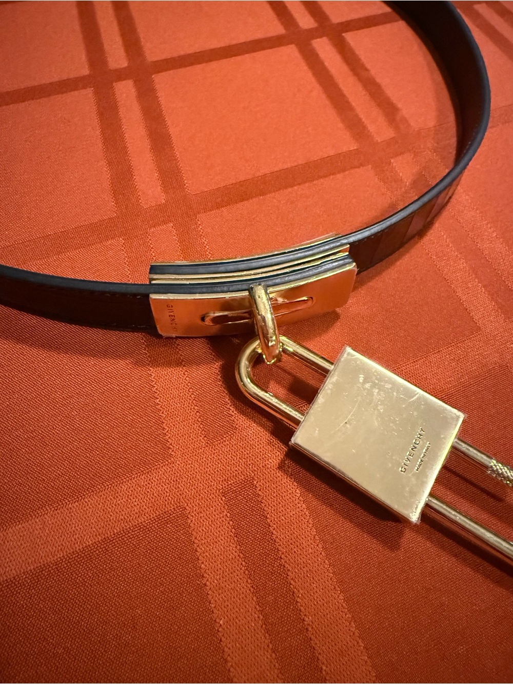Givenchy Black Leather Belt with Gold Padlock Accent